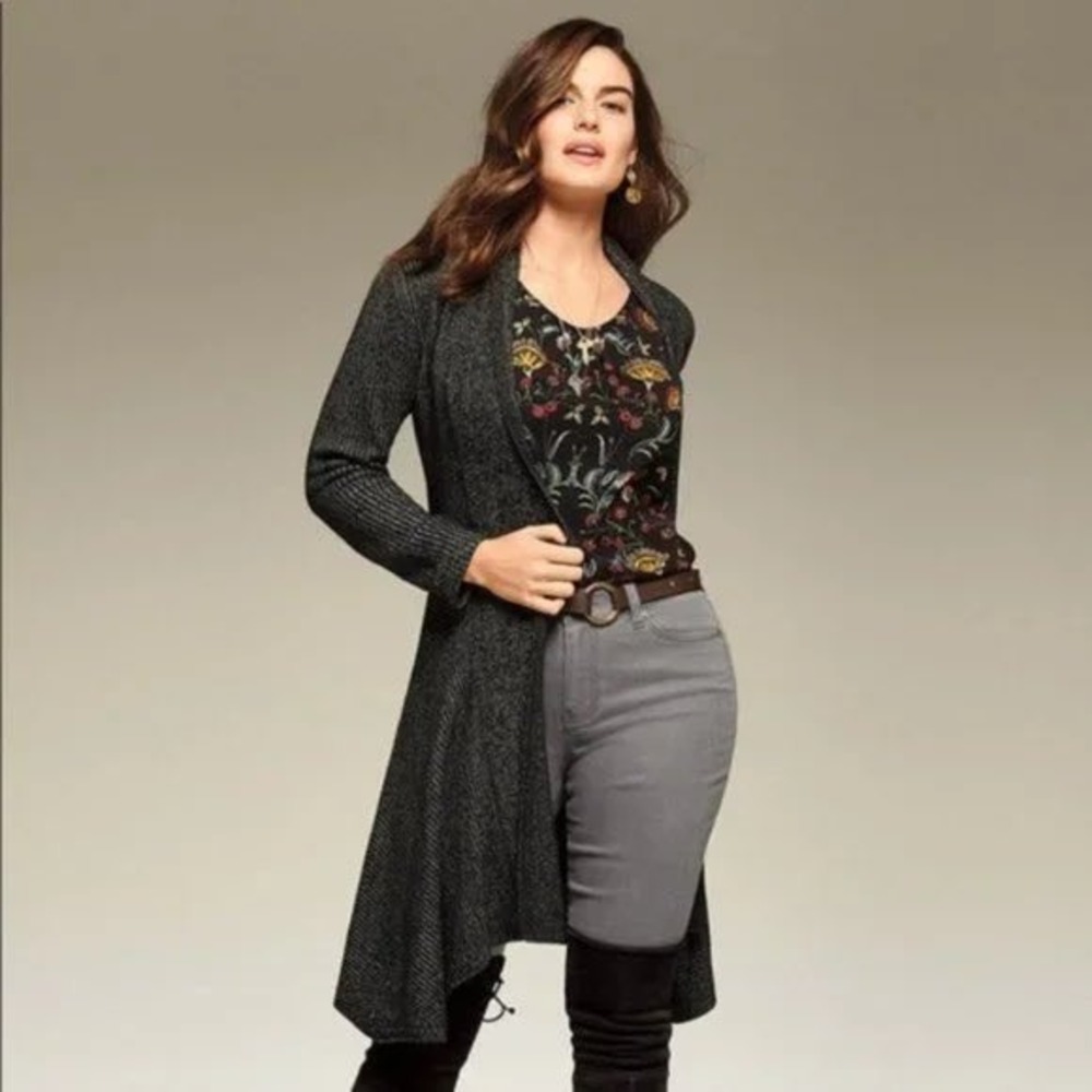 Cabi XS Gray Textured Knit‎ Open Front Long Cardigan Sweater Jacket style 3530